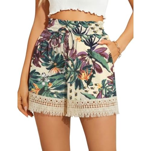 AKEWEI Womens Elastic High Waist Cotton Shorts Casual Ladies Drawstring Lace Summer Beach Shorts