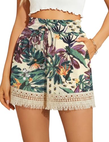 AKEWEI 2026 Summer Floral High Waisted Boho Shorts Women Drawstring Lace Womans Shorts with Pockets Hawaii Printed M