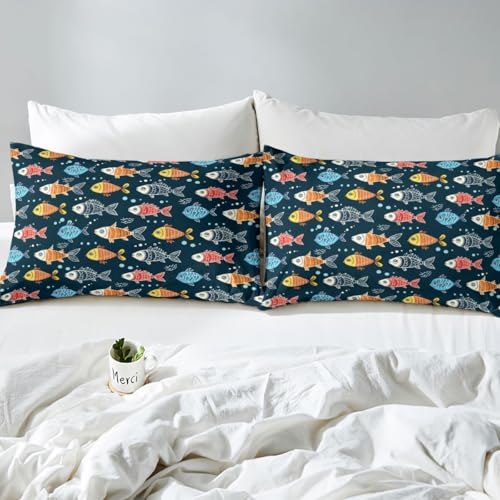 Image of jejeloiu Colorful Fish Bed Sheets Sets King Size Kids Boys Girls Funny Vintage Bedding Set Sea Animal Bed Sheet Set with 16-Inch Deep Pockets Summer Ocean 4Pcs with 2 Pillow Cases