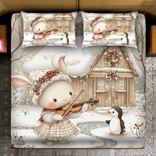 Image of 7D Fairy Tale White Rabbit Collection Double Bedsheet 90x100 inch with 2 Pillow Covers | Good Stitching, Soft Fabric & Vibrant 7D Digital Print for Kids & Couples (White)