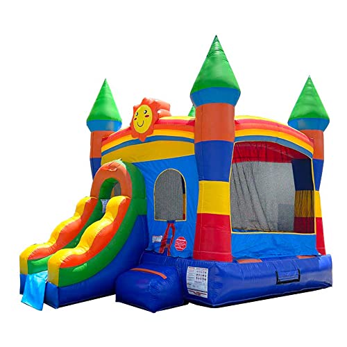 Crossover Inflatable Bounce House with Slide (Without Blower) 18 x 12 x 14.5 Foot Rainbow Smiley Face Bounce House Combo Waterslide with Basketball Hoop, Water Misting System, Stakes and Storage Bag