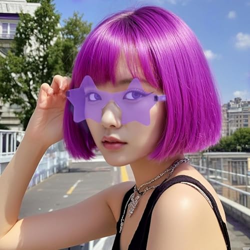 Image of ANOGOL Dark Purple Bob Wig with Bangs Purple Wigs for Women Colored Wigs | Hair Cap+Sunglasses Short Neon Wig for Bachelorette Party Funny Outfit for Women Halloween Costume Night Club Crazy Hair Day