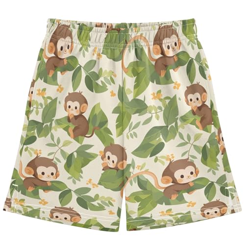 Boys Athletic Shorts with Pockets Cute Monkey Running Basketball Shorts for Youth Elastic Waist Size 7-8