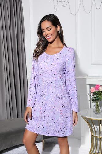 PNAEONG Women's Cotton Sleepwear Long Sleeves Nightgown Print Tee Sleep Dress3
