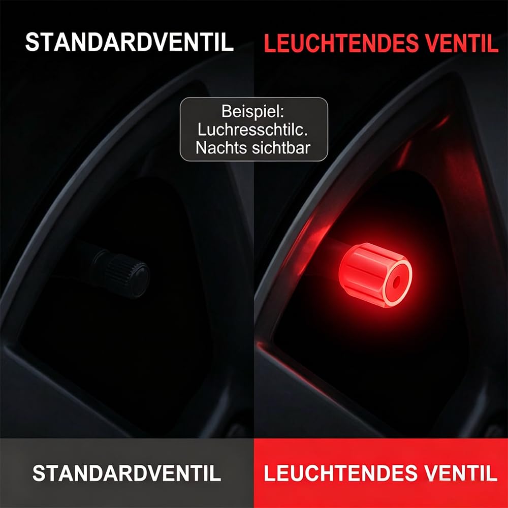 12 Stück Auto Leuchtende Ventilkappen Auto, Universelle Fluoreszierende Reifenventilkappen, Ventilschaftabdeckung Leuchtend für Auto SUV Fahrrad Motorrad (Rot) - 4