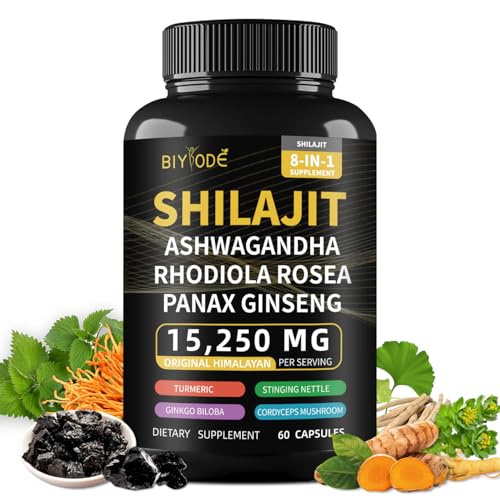 BIYODE Shilajit Capsules for Man 8-in-1 Shilajit 9000 Ashwagandha 2000 Rhodiola Rosea 1000 Ginseng 1500 Cordyceps Mushroom 500 Ginkgo Biloba 500 Stinging Nettle 250 Turmeric 60 Capsules 30 Day Supply