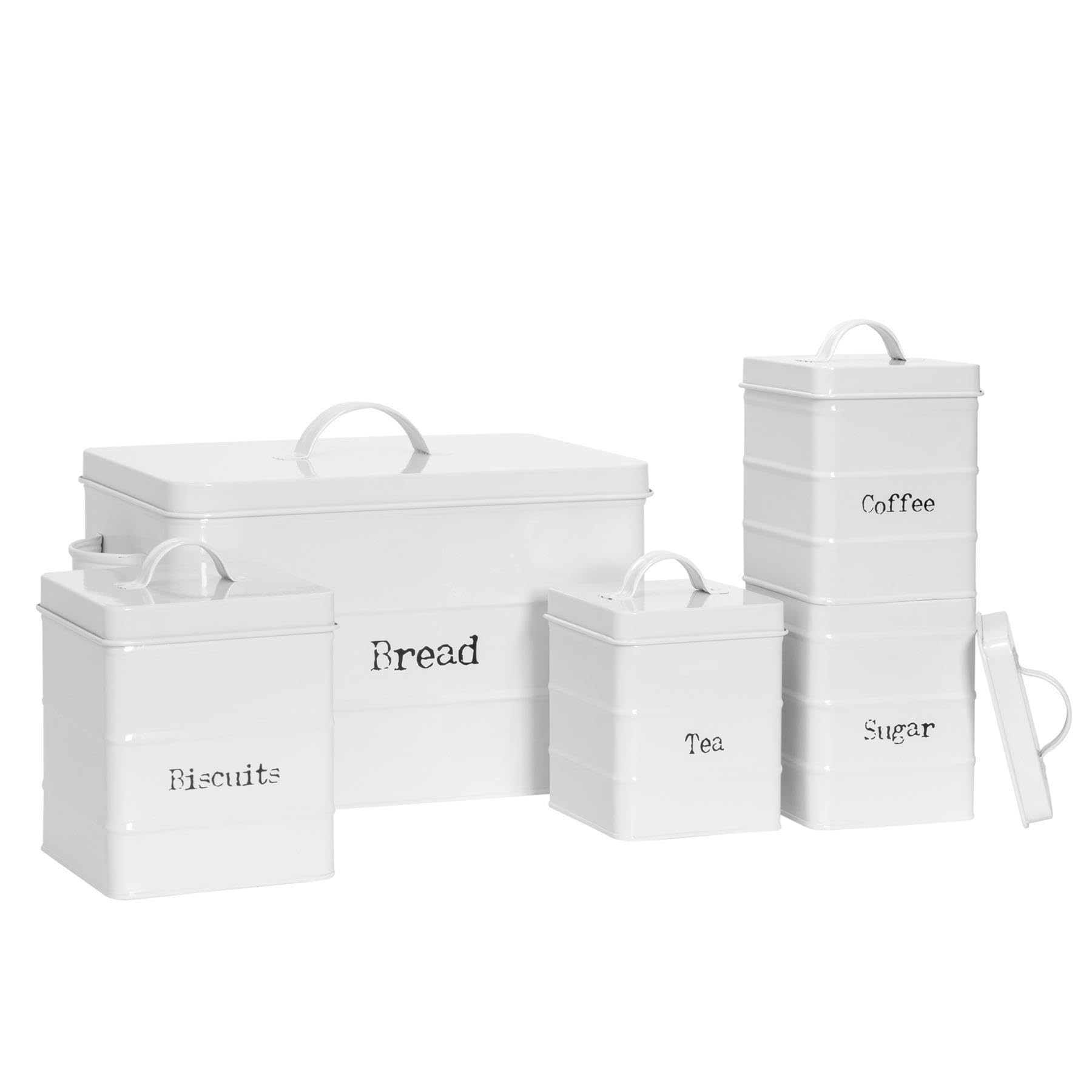 Harbour Housewares Metal Kitchen Canister Set - White - 5pc Vintage Retro Food Storage Preservation Canister Caddy Container Bread Bin with Airtight Fit Lid for Kitchen Organisation & Home Décor