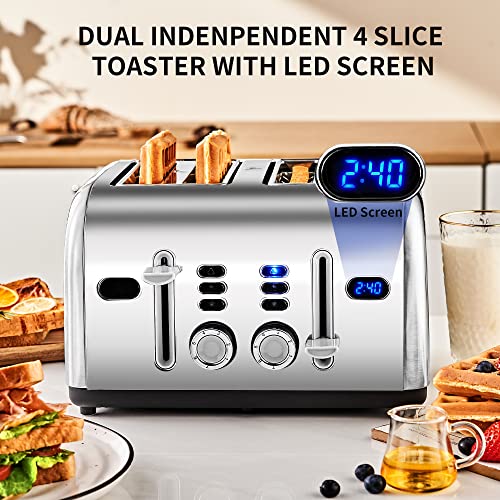 Toaster 4 Slice, Redmond Stainless Steel Retro Toaster With Led Countdown Timer And Removable Crumb Tray, Dual Control Panel, Reheat Defrost Cancel Function, High Lift Lever, Silver #TOP2