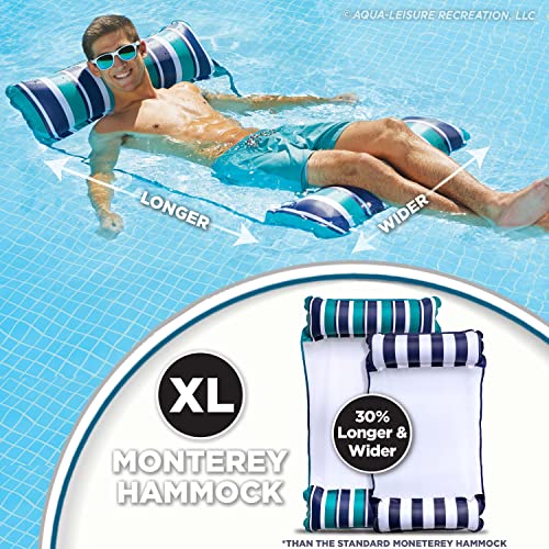 Image of Aqua Original 4-in-1 Monterey Hammock XL Pool Float & Water Hammock - Multi-Purpose, Inflatable Pool Floats for Adults - Patented Thick, Non-Stick PVC Material - Teal /Navy Stripe