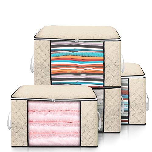 king do way 4PCS Bolsa de Almacenamiento de Ropa de Gran Capacidad, Gruesa Plegable Organizador de Edredones Manta Ropa de Polvo con la Cremallera Robusta y Asa Reforzada 60 x 43 x 35 cm Beige