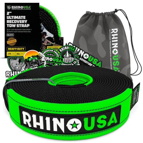 Image of Rhino USA Recovery Tow Strap (2 inch x 20') - 20,024lb Break Strength - Emergency Recovery Strap Tow Rope for UTV, ATV & More - Heavy Duty Towing Strap for Offroad 4x4 Use - Compatible with RZR and Can-Am
