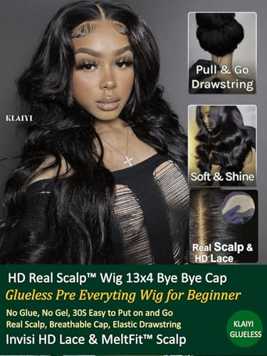 Image of KLAIYI HD Real Scalp Wig 13x4 Lace Frontal Human Hair Wig Loose Body Wave with Face Framing Curtain Bangs Pre Everything Glueless 3S Wear and Go Precut Lace Pre Plucked Pre Bleached 180%Density 26Inch