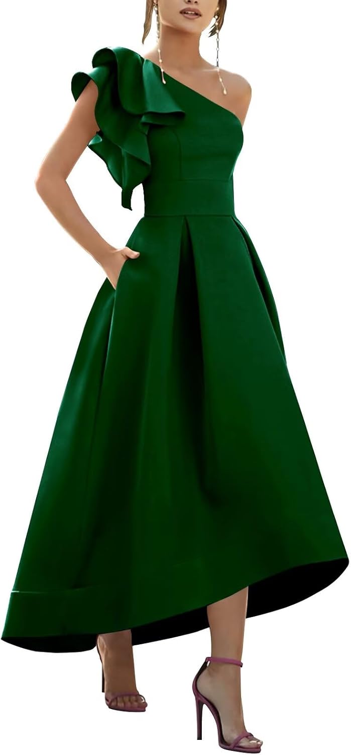 Bedlover Satin Prom Dresses 2025 Ruffle One Shoulder High-Low Formal Evening Party Gowns for Women