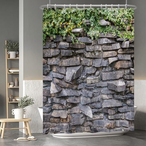 Baocicoo Rocks Stone Brick Wall Shower Curtain Green Leaves Garden Landscape Nature Plant Shower Curtains for Bathroom Rustic Family Bathtub Waterproof Curtain for Bathroom with Hooks 72x96 Inches