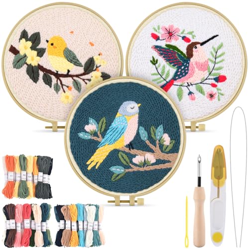 Image of TINDTOP Punch Needle Kits, Panda Punch Embroidery Kits for Adults | 3 Sets, Tool with Punch Needle Fabric, Hoops, Yarns and Sewing Needles (Bird)