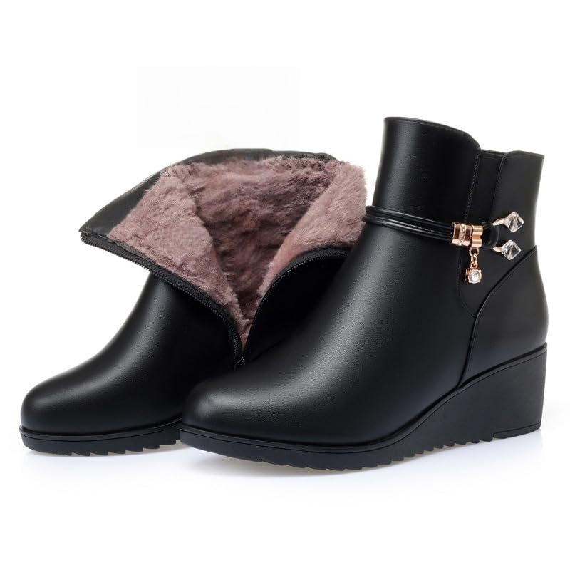 Womens Wedge Boots Winter Warm Fur Lined Snow Boot with Side Zipper Casual Fashion Low Heel Ankle Booties
