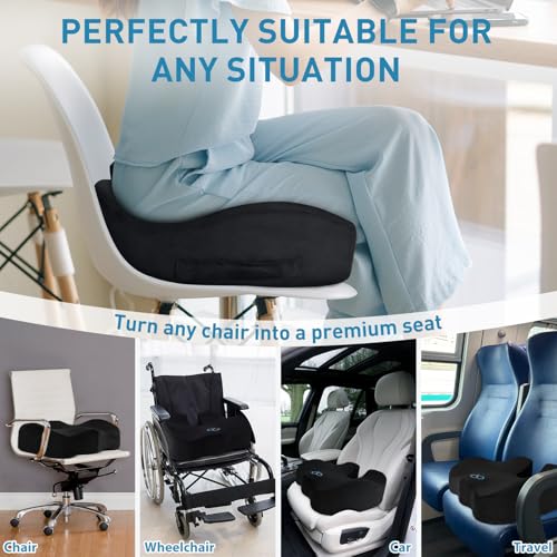 BlissTrends Seat Cushion,Thick Memory Foam Cushions for Office Chair, Car Seat, Airplane, Relieving Pressure Tailbone Sciatica Back Pain for Long Sitting Office Workers, Car Drivers 4.7in Thick Black