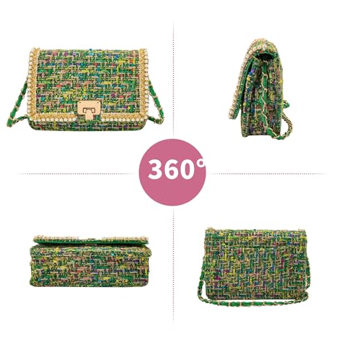 Shoulder Bag Chain Purse for Women, Retro Tweed Pearl Clutch Crossbody Bag Underarm Evening Bag Square Handbag Satchel4