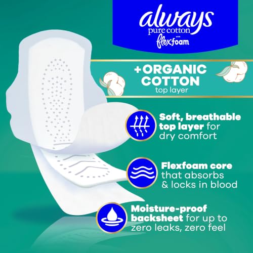Always Pure Cotton, Organic Cotton top Layer Pads for Women with Wings, Feminine Care, Period, Menstrual, Sanitary, Postpartum, toallas sanitarias para Mujer, Size 4 Overnight, Unscented, 60ct - image 2