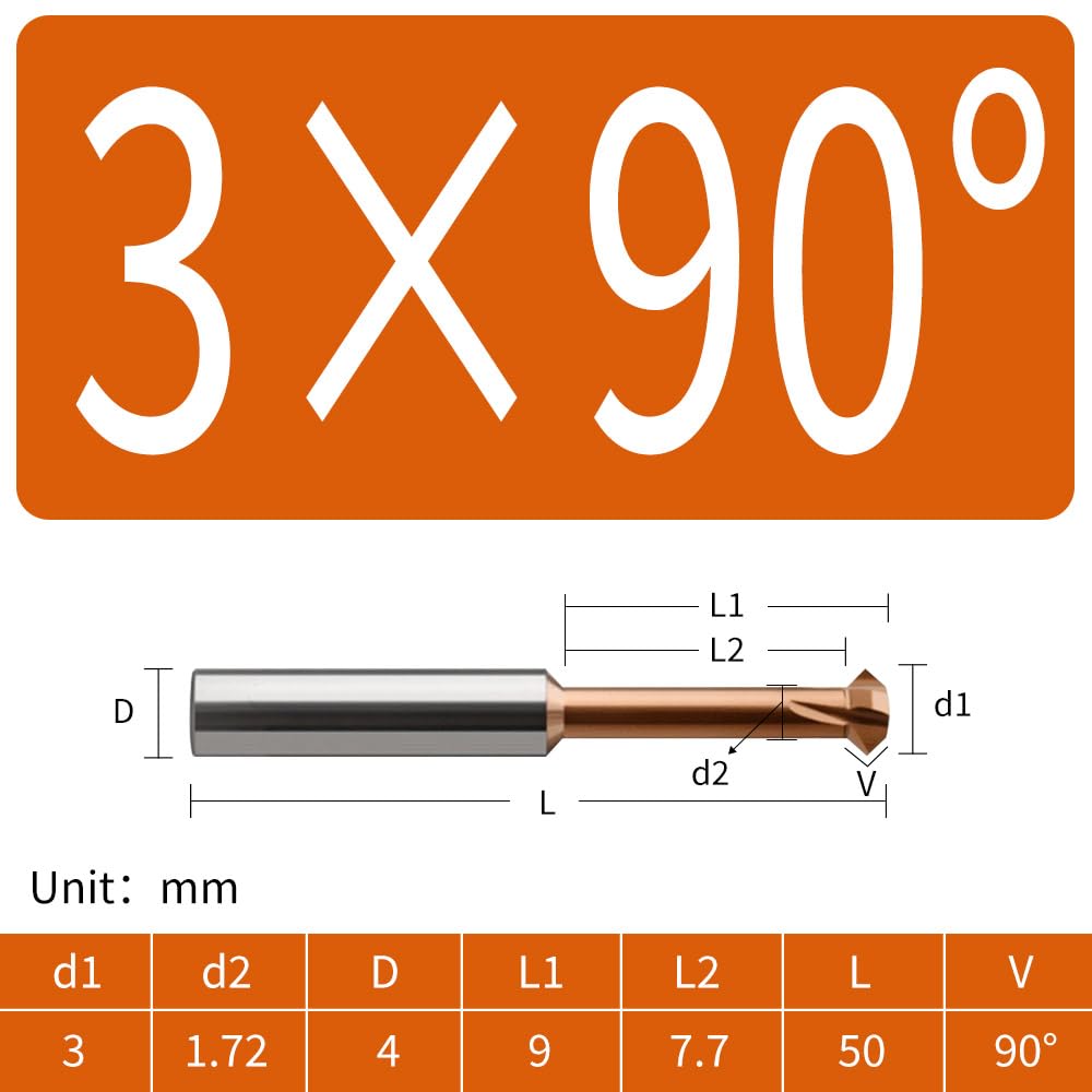 LUOCUT 90 Degree Chamfer End Milling Cutter Front&Back Deburrer Solid Carbide Coated for Metal Hole Internal Burr Removal CNC Tool - 5pcs D3.0 * 4 * 9 * 50 * 90°