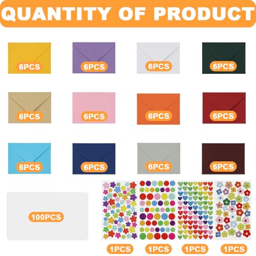 Lvjkes Mini Briefumschläge, 72 Stück Reine Farbe Mini Umschläge, 100 Stück Weiße Leere Karten und 4 Blatt Aufkleber Umschlag, für DIY Bastelprojekte, Hochzeit Geburtstagsfeier Einladung