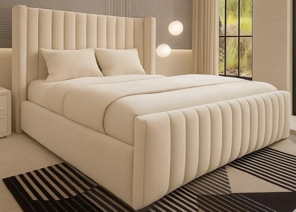 Royal Wiingback Bed Frame | Single Double King SuperKing Size | Fully Upholstered Luxury Bed | Optional Gas Lift & Mattress (Cream Plush, Super King 6ft with Mattress)