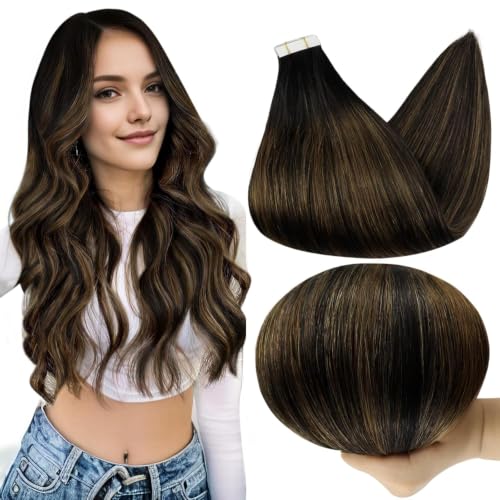 Image of Full Shine Tape in Hair Extensions Real Human Hair, Natural Black Brown
