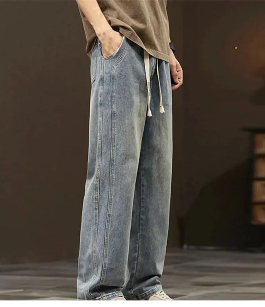 Men Drawstring Elastic Waist Baggy Jeans Men's Streetwear Harajuku Fashion Casual Wide-Leg Denim Pants4