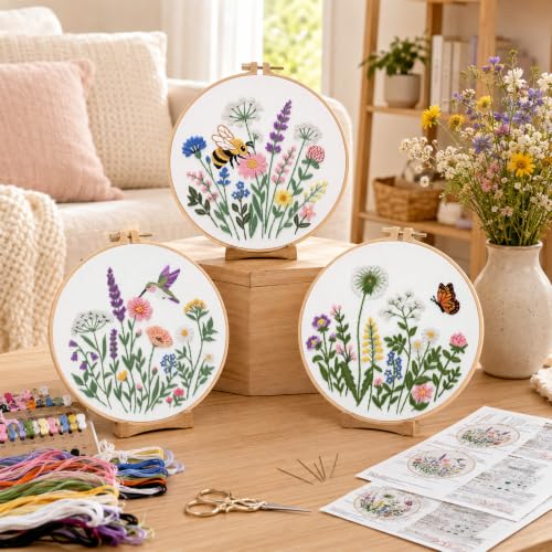 Image of Nuberlic Embroidery Kit for Beginners, 3 Pack Floral Stamped Embroidery Starter Kit with Hoop, Pre Printed Flower Patterns, Threads, Needles and Step by Step Instructions, DIY Needlework Gift
