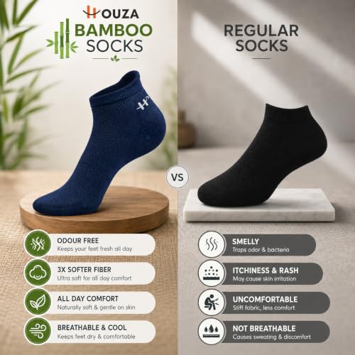 Image of HOUZA Bamboo Ankle Socks For Men | Anti-Bacterial, Breathable & Odour-Free | 3X Softer Than Cotton Socks | Ideal for Sports, Walking, Gym & Daily Wear | Sizes- (UK 7-10)