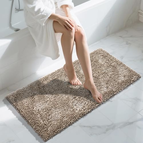 Image of Yimobra Long Bathroom Rug Non Slip 44x24 Inch, Extra Thick Soft Absorbent Chenille Bath Mat, Machine Washable Quick Dry Bath Rugs for Bathroom Floor, Tub and Shower, Home Decor Accessories, Camel