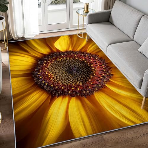 WHUOEUCO Alfombra Salon Pelo Corto Lavable Girasol Amarillo 160x230cm Alfombra Antideslizante con Impresión 3D para Dormitorio, Comedor, Pasillo e Interior