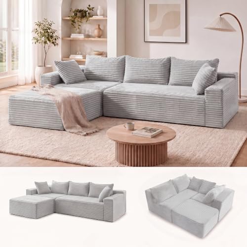 Image of Claiks 94 inch Boneless Couch, L-Shape Corduroy Modular Sectional Sofa Deep Seat,No Assembly Required, Light Grey