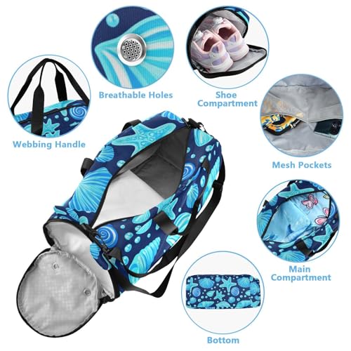 Starfish Bubble Blue Kids Travel Duffel Bag for Boys Girls Overnight Weekend Tote Bag with Shoes Compartment for Trip Beach Swim4