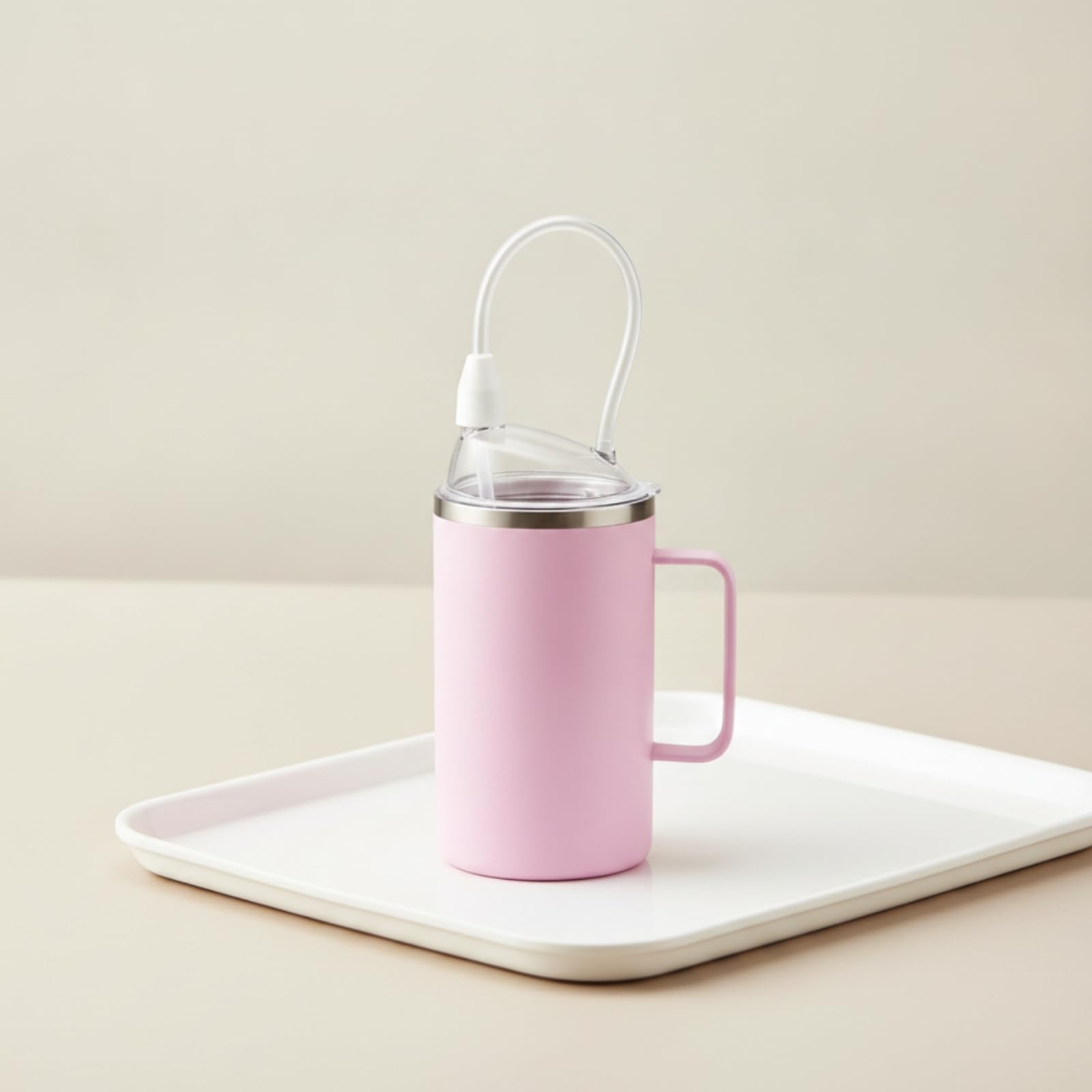 Bicchiere con Cannuccia, 珍珠白, 650ml | Impugnatura Laterale Ergonomica, Tazza da Degenza con Coperchio Trasparente, Acciaio Inox, Stoviglie, Anziani