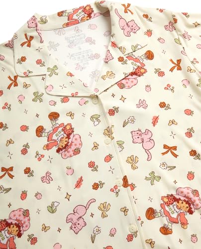 Image of COCO BRANDS Strawberry Shortcake Womens Pajama Sets - 2 Piece Soft Stretch Button Down Sleep Shirt and Pajama Pants