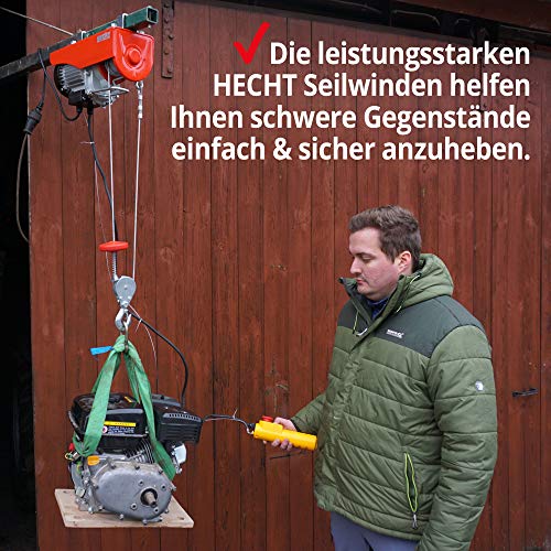 Foto von HECHT Elektro Seilzug – 250 kg – 500 kg – 230v – mit Fernbedienung, Umlenkrollen, Stahlseil, automatischer Bremse – Elektrischer Deckenlift zum Befördern von schwerer Last für Werkstatt & Garage H50