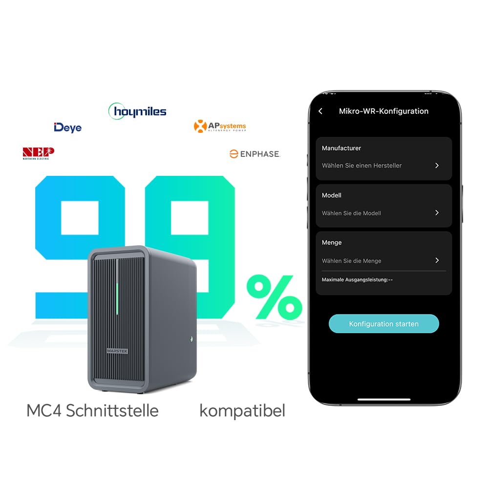 Marstek B2500 Balkonkraftwerk mit Speicher: 0% MwSt, 2240Wh LiFePO4 Solarbank Speicher, 2 MPPTs, 1600W Max. PV Solareingang & 800W DC-Ausgang, App-Steuerung, IP65, Plug&Play