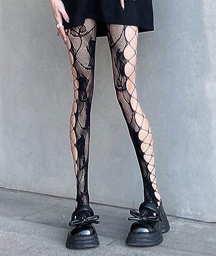 Image of Womens's Goth Fishnet Tights Side Hollow Out Rose Patterned Leave Crossed Sheer Mesh Pantyhose Stocking Leggings