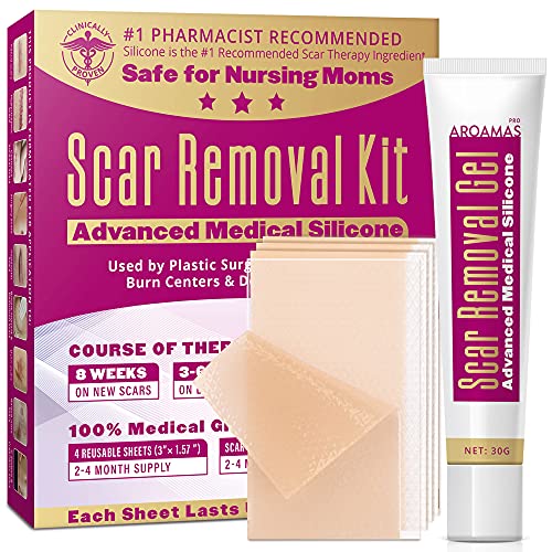 Aroamas Scar Silicone Scar Sheets 4 Sheets and Silicone Scar Gel 30g, Scar Removal Kit, Clinically Proven, for Face, Body, Stretch Marks, C-Sections, Surgical, Burn, Acne, Old & New Scars