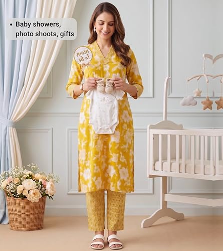 Image of DUMMY SHAPE Feeding Kurtis for Women Cotton Blend | Floral Kurta Pant Dupatta Set with Nursing Zippers to Pre & Post Partum | Maternity Dresses | Mom to Be Gifts for Pregnant Woman