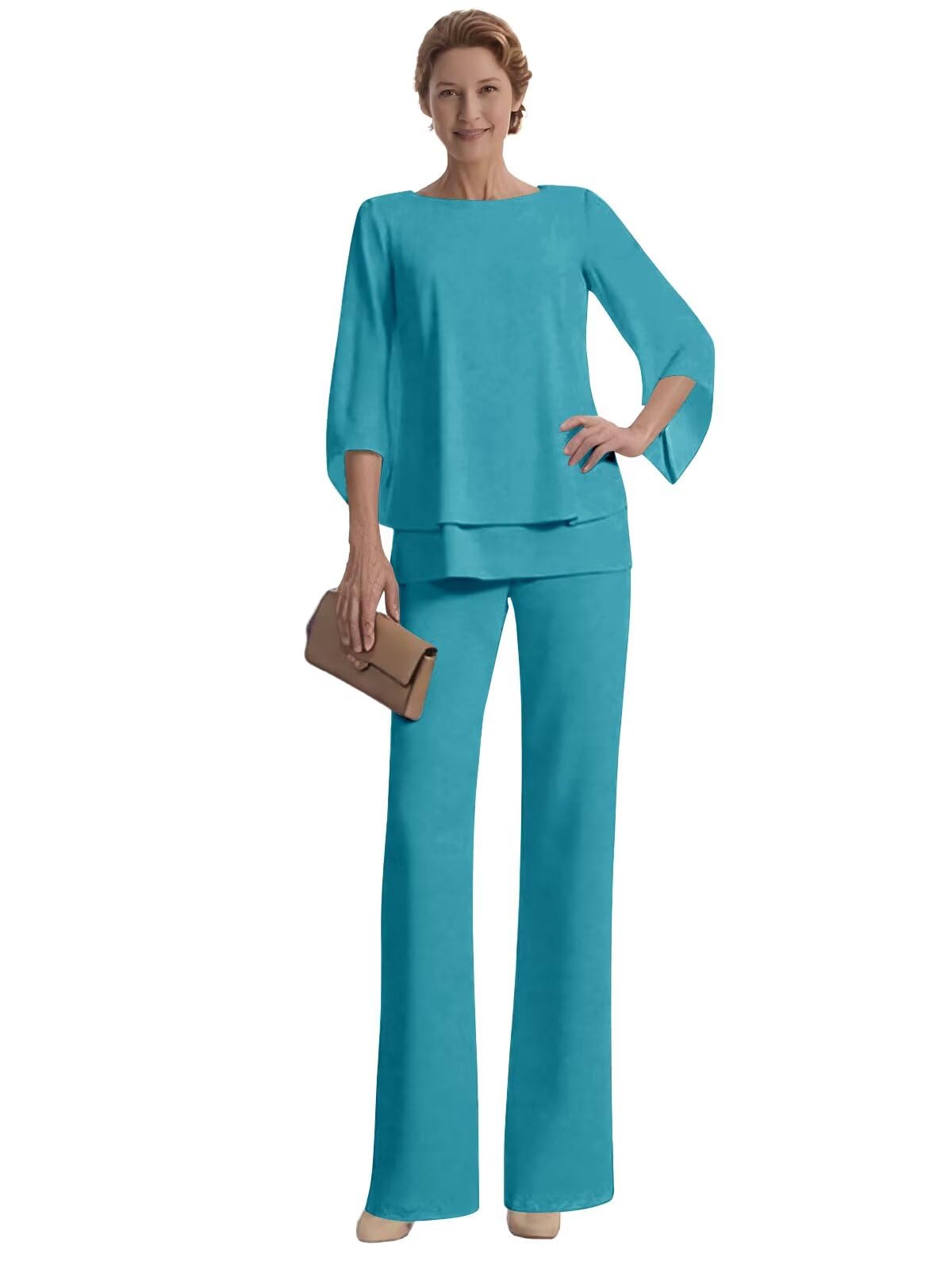 2 Piece Mother of Bride Pantsuits for Wedding Chiffon Three Quarter Sleeves Women Formal Dressy Outfits VM05