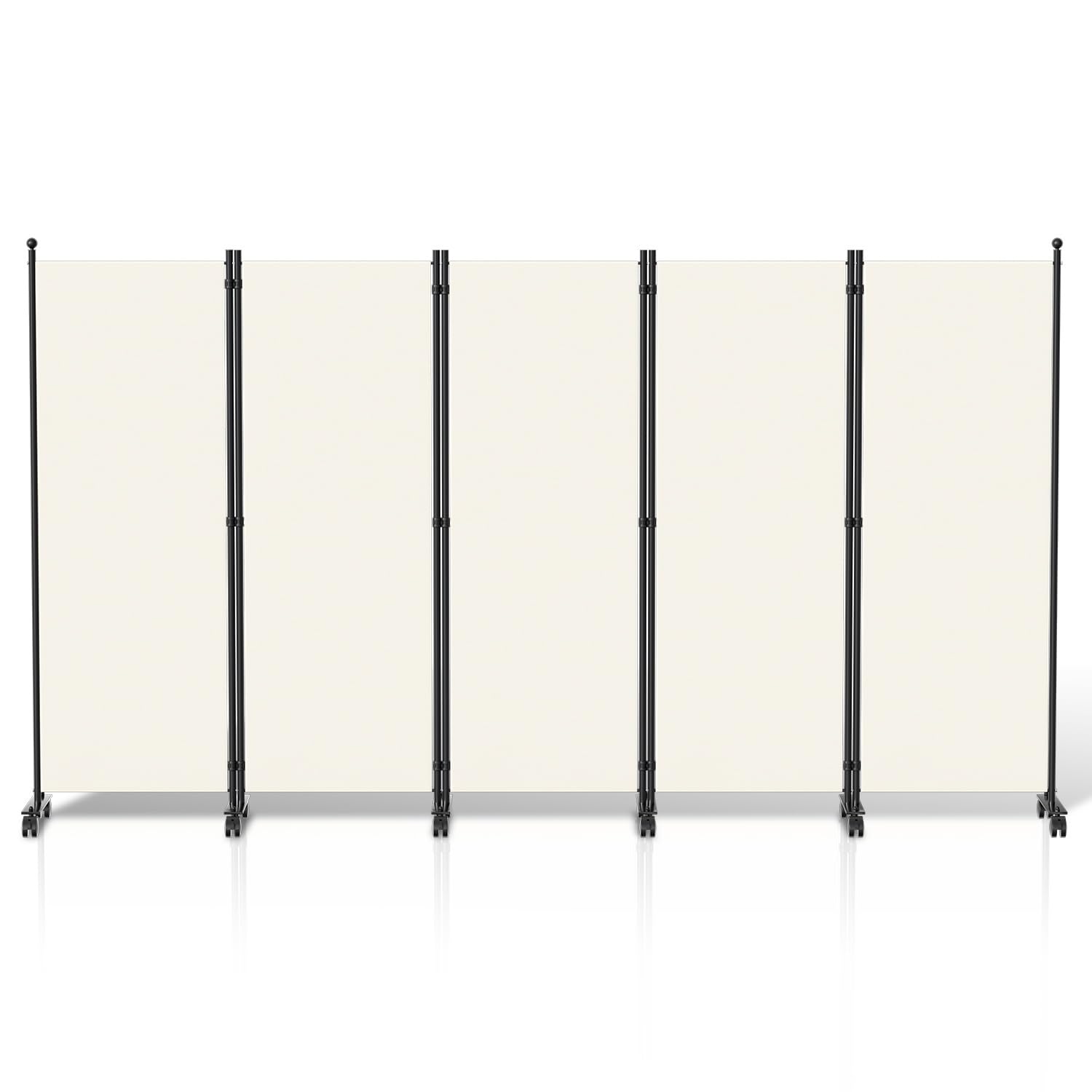 Paravent séparateur de pièce, pliable, autonome, en 5 parties, sur roulettes, brise-vue, cloison pour jardin, bureau, terrasse, 284 x 181 x 30 cm, blanc
