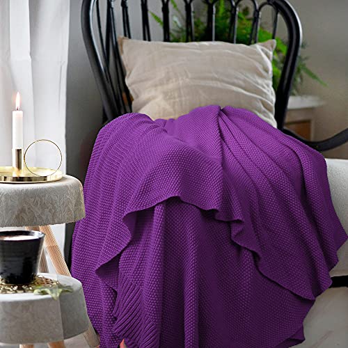 Piccocasa 100% Cotton Knit Throw Blanket,Solid Lightweight Decorative Throws And Blankets,Soft Knitted Throw Blanket For Sofa Couch, Purple, 50" X 60" #TOP2