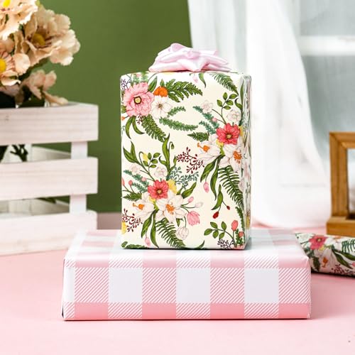 Wikadlik Geschenkpapier für Hochzeit, Blumenmuster, 43 cm x 10 m, romantisches rosa weiße Blumen und kariertes Geschenkpapier für Muttertag, Geburtstag, Babyparty, Valentinstag