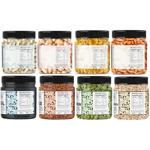 Image of LILA DRY FRUITS Dry Fruits & Seeds Combo - Almonds, Cashew, Pista, Raisins with Flax, Sunflower, Basil & Pumpkin Seeds 100 Gms x 8 | Healthy Snack Mix for Daily Nutrition Perfect for Gifting