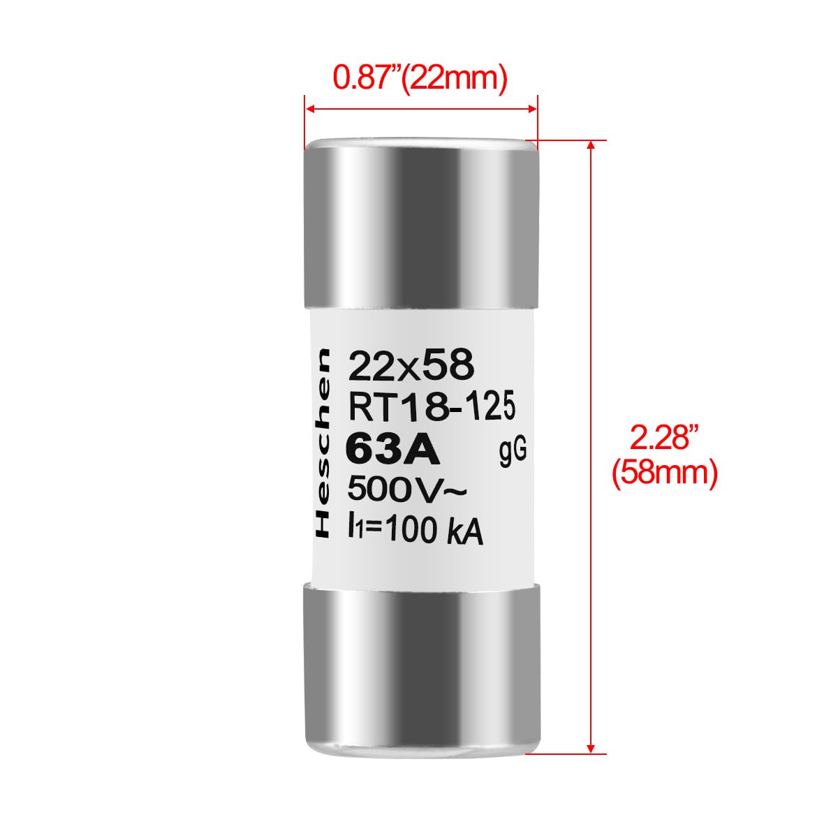 Heschen Eslabón fusible de tubo cerámico cilíndrico, RT18-125(RO17), 22 * 58mm, 63A 500VAC, Tipo gG, 5 Unidades