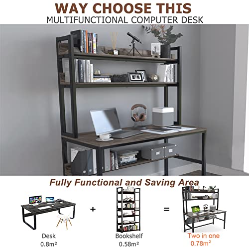 Aquzee Desk With Hutch, (Grey) 65 Inches Height Computer Desk With Space Saving Design, Metal Legs Desk With Bookshelf And Storage Shelves, Easy Assemble #TOP1