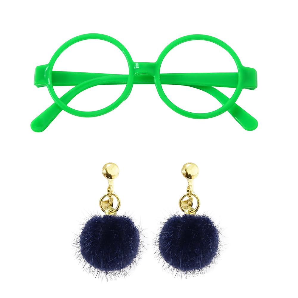 Green Wizard Round Glasses and Earrings - Plastic Glasses No Lenses with Fluffy Purple Earrings Eyeglasses Frame Fancy Dress Cosplay Accessories for Halloween Holiday Themed Party