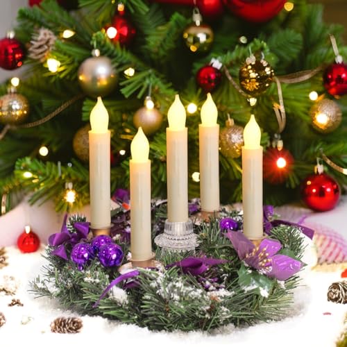 Image of Lezonic Flameless Battery Operated Candlesticks Flickering, 12Pcs White LED Battery Christmas Window Candles, 6 Inch Short Taper Candles Hanging Floating by Touch, with Remote